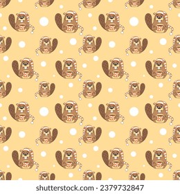 Vector children's seamless pattern with smiling beavers on a yellow polka dot background. Ideal for baby clothes, nursery, textile, wallpaper, wrapping paper, baby room pattern.