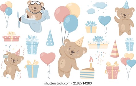 Juego de vectores para niños. Ositos adorables celebrando un cumpleaños. Oso de peluche volando en avión, en globos. Colección para el cumpleaños de los niños. Regalos, pasteles, globos.