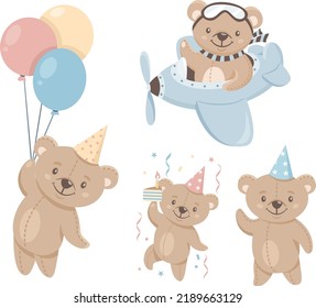 Vektorkindersatz. Cute Bären feiern einen Geburtstag. Teddybär fliegt im Flugzeug, auf Ballons. Kollektion zum Geburtstag von Kindern. 