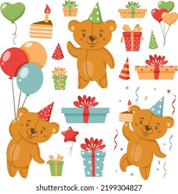 Vector children's set. Cute bears celebrating a birthday. Collection for children's birthday. Gifts, cakes, balloons.