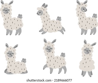 Vector children's set. Cute gray llamas. Beautiful fluffy alpacas. Animal set 