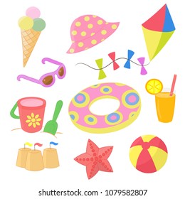 Vector children's set in pastel colors, family vacation at sea: kite, sunglasses, swimming circle, bucket with shovel in the sand, ball, juice, ice cream