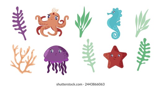 Vector Kinder Set von Meerestieren für Kinder. Isolierte Figuren Tintenfisch Seestern Seepferdchen mit Unterwasserpflanzen Korallen und Algen auf einem weißen Hintergrund. Perfekt für Kinder-Motto-Teil