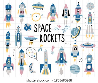 vector children's space set for boys made of rockets, planets, stars of gray blue yellow pink colors on a white background for children's wallpapers, posters, textiles