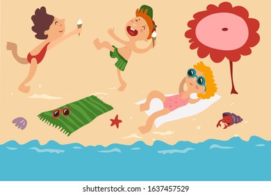 Vector of children's summer holidays at the sea on the beach with toys, balls, sand castle, sun and ice cream