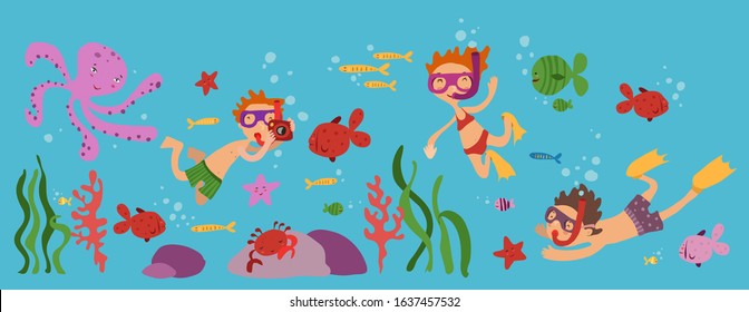 Vector of children's summer holidays at sea scuba diving on the reef with tubes