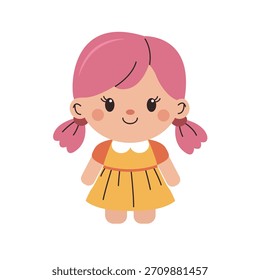 Juguete de los niños del Vector - muñeca con el pelo rosado en un vestido amarillo. Estilo simple, carácter lindo de la muchacha. Ideal para los diseños de los niños, pegatinas, tarjetas.
