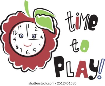 Vector childrens watch raspberry and next to it lettering inscription Time to play! Children's cheerful font, decorative elements of green and pink colors. variant of invitation, postcard, poster.