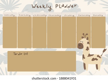 Vector children's weekly planner with cute giraffe in cartoon style. Place for a to-do list