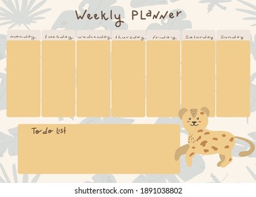 Vector children's weekly planner with cute leopard in cartoon style. Place for a to-do list