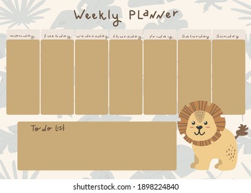 Vector children's weekly planner with a cute lion in cartoon style. Place for a to-do list