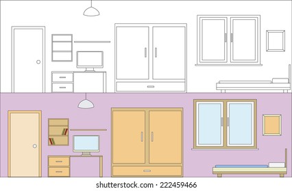Vector child's bedroom interior. Flat design stylization. 