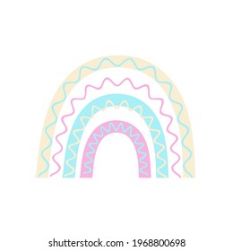 Vector child's drawing of a rainbow. Cute boho illustration. Baby shower design element, baby clothes print, postcard. Scandinavian minimalism. Pastel tone