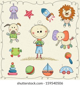 Vector child's toys with little boy and frame. Seamless background.