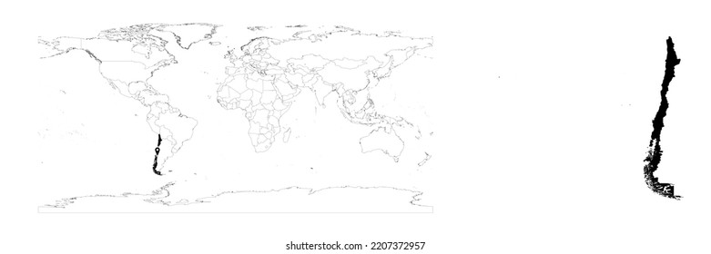 Vektor-Chile-Karte, die die Lage des Landes auf der Weltkarte und die Karte für Chile auf weißem Hintergrund zeigt. Die Datei eignet sich für die digitale Bearbeitung und Drucke aller Größen.