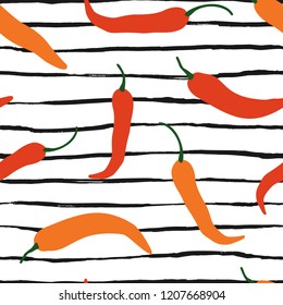 Vector chili, cayenne hot pepper on stripes background. Mexican exotic spicy seamless pattern. Hand drawing food illustration, wrap, fabric, textile