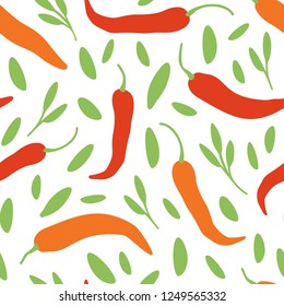 Vector chili, cayenne hot pepper, herbes background. Mexican exotic spicy seamless pattern. Hand drawing food illustration, wrap, fabric, textile
