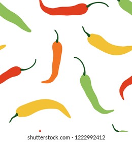 Vector chili, jalapeno, cayenne hot pepper background. Mexican exotic spicy seamless pattern. Hand drawing food illustration, wrap, fabric, textile