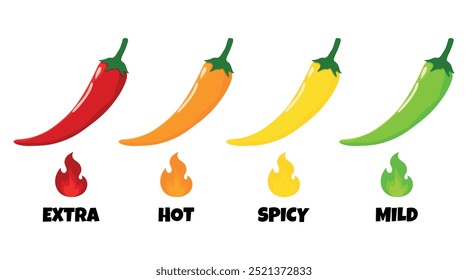 Vector chili pepper hot spicy level labels. Chili pepper with red, yellow, orange and green flames. Extra, spicy, hot and mild strength. Red chili pepper, cayenne, jalapeno, habanero with fire flames