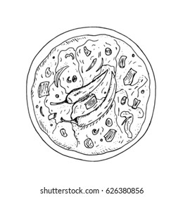 Vector chili pepper pizza. Hand drawing of classic Italian dishes. The view from the top.