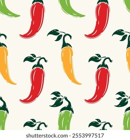 Vector Chili Pepper Seamless Pattern. Hot Chilli Taste. Spicy Food. Hand drawn illustration.