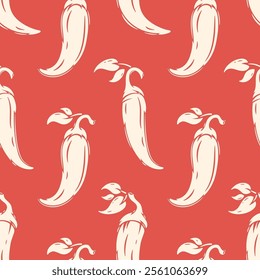 Vector Chili Pepper Seamless Pattern. Hot Chilli Pepper. Spicy Food Red Background. Hand drawn illustration.