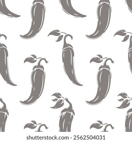 Vector Chili Pepper Seamless Pattern. Hot Chilli Pepper. Spicy Food Monochrome Background. Hand drawn illustration.