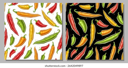 Vector Chili Pepper seamless patterns, two backgrounds with outline illustration of whole spicy chili for wrapping paper, square poster with flat lay hot chili peppers on white and black background