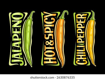 Vector Chili Pepper Set, horizontal poster with outline illustrations of multicolored spicy peppers, decorative placard with unique brush lettering for variety text for chili pepper on dark background