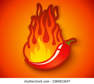 Vector chilli pepper in retro style. Vector vintage emblem with red chili pepper with flame. Chilli with fire on bright background.