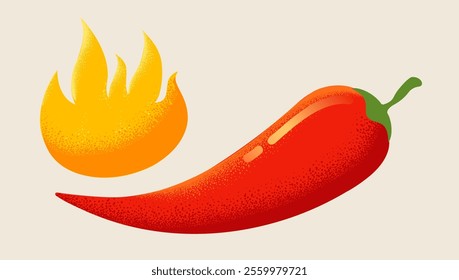 Vector chilli pepper in retro style. Vector vintage emblem with red chili pepper with flame. Chilli with fire in retro style.