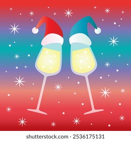 Vector chin chin party illustration. Two wine with christmas hats champagne glasses cheering. New year design