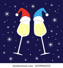 Ilustração do partido do queixo vetor. Dois vinhos com chapéus de Natal taças de champanhe vibrando ícone isolado. Projeto de ano novo
