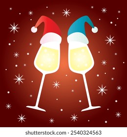 Vektorkinnpartie-Illustration. Zwei Wein mit Weihnachtsmütze Champagner Gläser jubeln einzelne Ikone. Neujahrsdesign