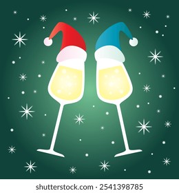 Vector chin chin party ilustración. Dos vinos con sombreros de Navidad copas de champán animando icono aislado. Diseño del año Nuevo
