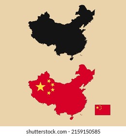 Mapa de esquema del país del vector de China con bandera fijada aislada en fondo plano. La silueta del mapa del país se puede utilizar para plantillas, informes e infografías.