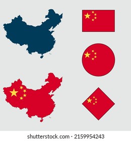 Vector of China country outline silhouette with flag set isolated on white background. Collection of China flag icons with square, circle, rectangle and map shapes.