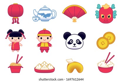 Vektorillustration China Cute Cartoon Set typische China Elemente isoliert