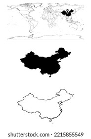 Vector China map, map of China showing country location on world with solid and outline maps for China on white background. File is suitable for digital editing and prints of all sizes.