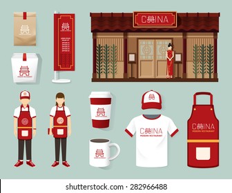 Vector China Modern Restaurant Cafe Set Shop Front Design, Flyer, Menu, Package, T-shirt, Cap, Uniform And Display Design/ Layout Set Of Corporate Identity Mock Up Template.