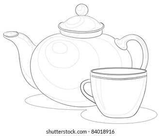 Vector, china teapot and cup, monochrome contours on white background