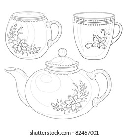 Vector, china teapot and cups with a pattern of flowers and leaves, contours