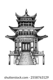 Vector Chinese architecture landmark. Pagoda sketch. Oriental building drawing. China hand drawn vector illustration. NOT AI-generated