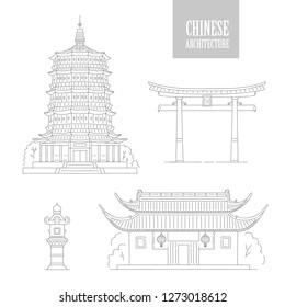 Vector Chinese architecture landmarks. Oriental buildings black white line art gate pagoda and gazebo. Set different architectural national tradition of China.