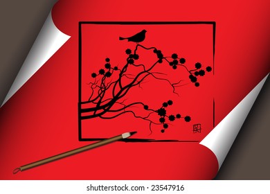 Vektorgrafik - Chinesische Kunstwerke auf roter Schriftrolle mit Naturthema