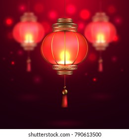 Vector chinese asian new year poster with realistic, 3d chinese festive lanterns flashlights on dark red blurred background. Traditional national calendar card poster template element