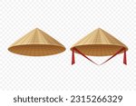 Vector Chinese, Asian, Vietnamese Traditional Conical Straw Hat Icon Set Closeup Isolated. Vietnamese Triangle Nonla Hat. Non La Headdress. Vietnamese Symbol. Hand-Drawn Flat Illustration. Front View