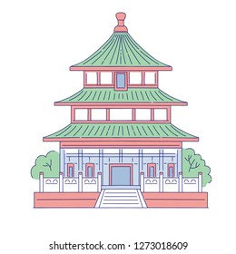 Vector Chinese building architectural landmark. Oriental architecture line art traditional historic national house of China.