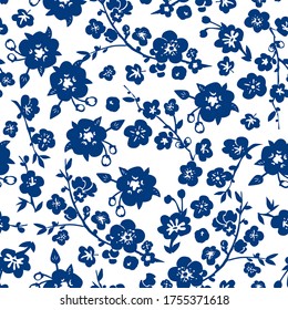 Vector Chino Clásico Azul Tradicional Cutting o Porcelana Seamless Spring Floral Blossom Pattern. 