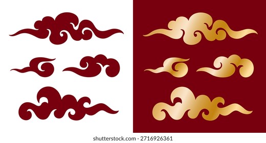 Vetor chinês nuvens silhueta conjunto de cores vermelhas e douradas isoladas no branco. Ilustração de desenho do conjunto de curvas ou espiral do estilo de estêncil. Decoração chinesa de Ano Novo, design tradicional oriental.